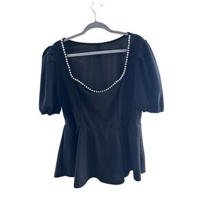 Shein Curve Black Peplum Top Pearl Trim Puff Sleeve Plus Size 2XL
